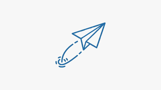 Blue paper airplane flying upwards with a dashed trail.