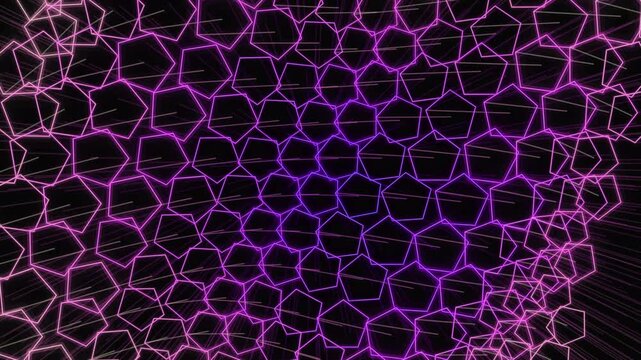 Glowing neon pentagon lattice pattern with futuristic geometric wireframe depth effect, Abstract luminous pentagonal grid animation with colorful digital geometry on dark background 4k