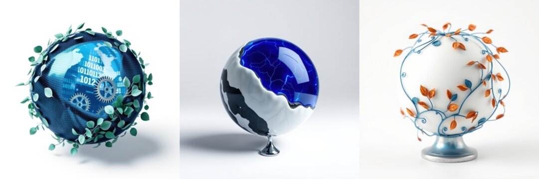 Three glass globes represent technology, earth, nature. Each features distinct elements, colors, textures. Artistic presentation.