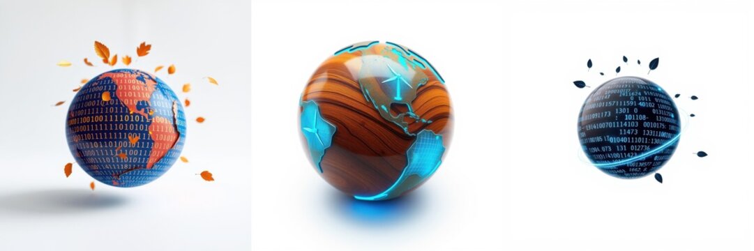 Digital globes display binary code, representing data streams. Three spheres showcase technology, connectivity, information flow.
