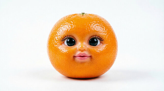 Funny Surreal Orange Fruit with Human-like Face Isolated on White Background"