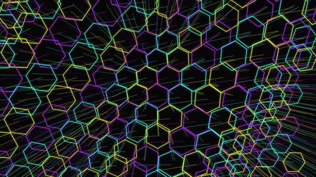 Glowing neon hexagon network pattern with futuristic geometric honeycomb structure, Abstract colorful hexagonal grid animation featuring luminous digital geometry on dark background 4k