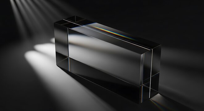 Glass prism refracting light beam creating rainbow spectrum on black background