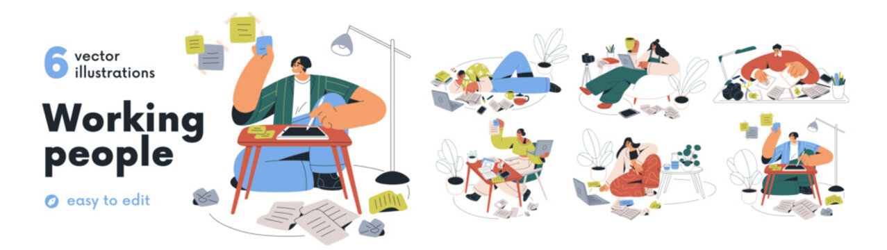 Creative working people set. Script writers, designers and copywriters taking notes on scattered papers, at laptop. Work on ideas, content. Flat vector illustrations isolated on white background