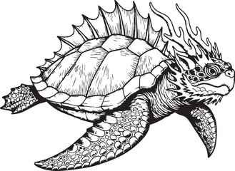 Mythical sea turtle with dragon head and fiery mane in dynamic motion monochrome linework illustration for fantasy concepts © Hello World
