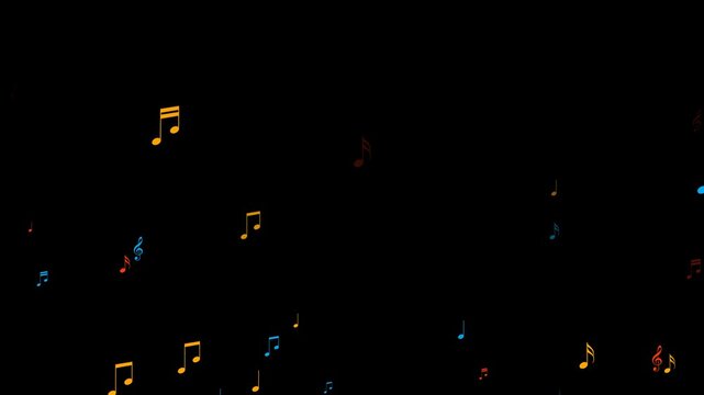 musical notes flying alpha channel animation, retro colorful notas music and song isolated overlay social media motion design element