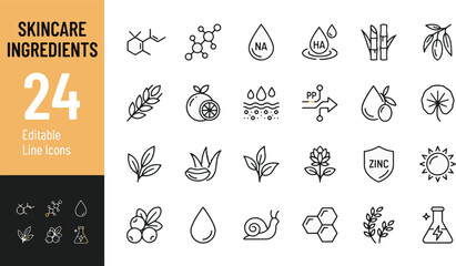 Skincare ingredients line icon set. Hyaluronic acid, niacinamide, peptides, zinc, vitamin c, natural extracts minimal vector illustration. Simple outline signs for beauty products. Editable Stroke. © Jason