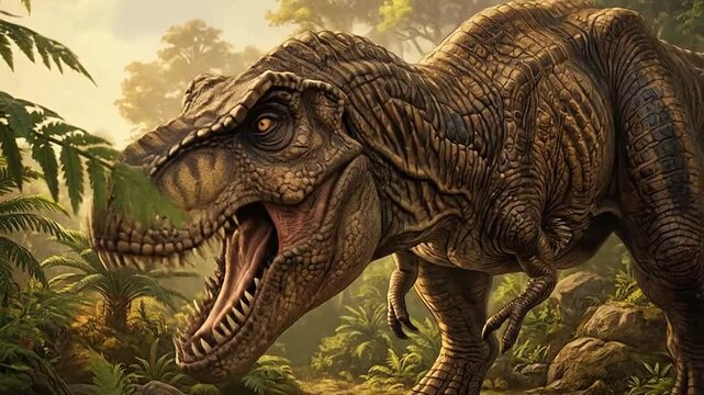 Realistic Tyrannosaurus Rex Dinosaur in Dense Jungle Environment