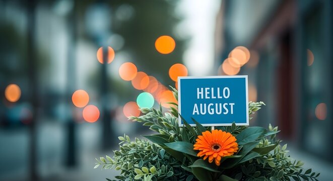 August welcome card with gerbera daisies and bokeh lights seasonal greeting concept