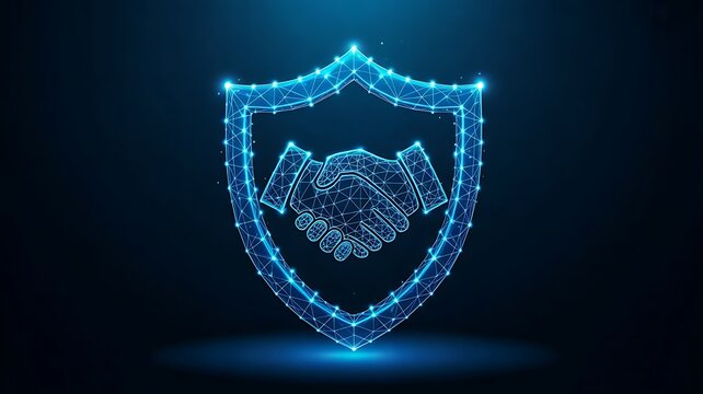 Digital cybersecurity shield with handshake representing secure business partnership and trust