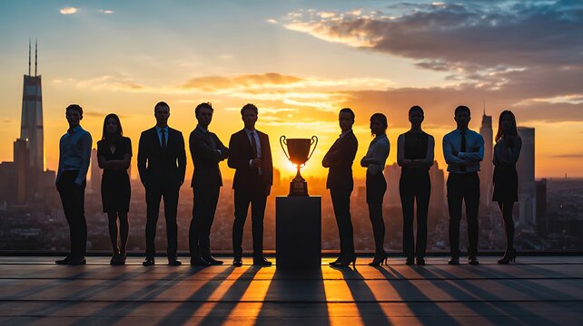 Business team standing with trophy at sunset celebrating leadership success