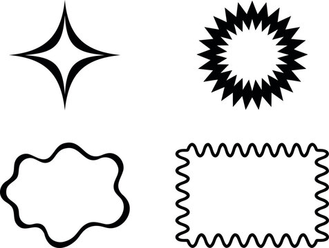Set of four retro Y2K aesthetic graphic shapes including a sparkle star, jagged sunburst, wavy cloud, and zig-zag rectangle border elements