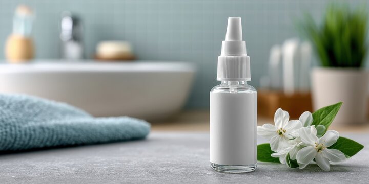 product photography, nasal spray bottle in the foreground with a blurred bathroom background, featuring a minimalist aesthetic and realistic product