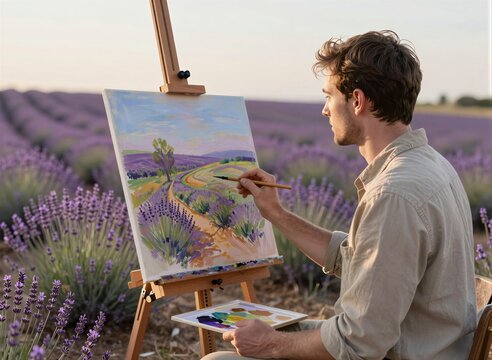 Captures Male Artist Engaged In Act Of Painting Outdoors To Late Afternoon Early Evening Given Warm Golden Hue Cast By Sunlight On Surroundings