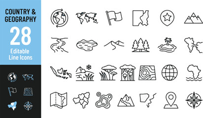 Country and geography line icon set. Map, world globe, flag, mountain, river, lake, desert, forest, island, topography, compass, location pin minimal vector illustration. Simple signs. Editable line. © Jason