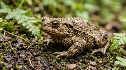 Obraz premium A large brown toad sitting on damp soil