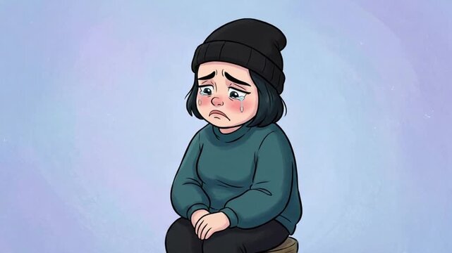 Sad Child with Blue Sweater and Black Beanie Sitting Alone