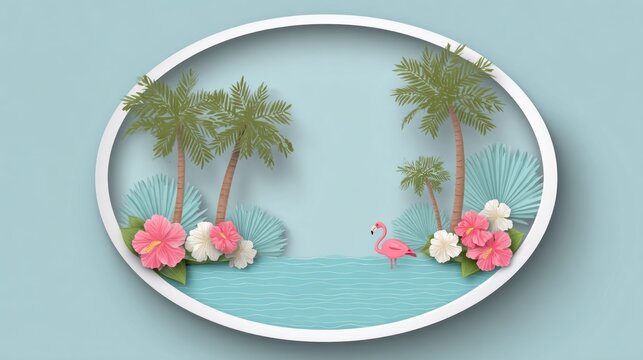 Papercraft style tropical scene featuring palm trees, flowers, and a wading bird framed by an oval border