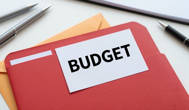 Depicts Business Oriented Scene With Various Office Supplies As Main Subjects In Foreground Open Red Folder Labeled Budget Bold Black Capital Letters