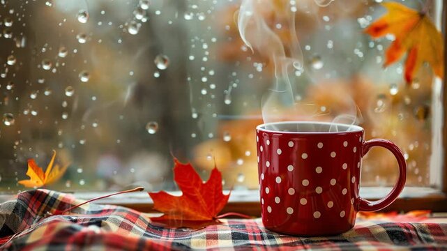 Cozy autumn scene with a steaming red polka dot mug on a plaid blanket by a rainy window with fall leaves 4k video