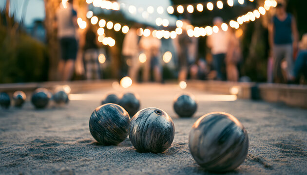 Metal globes sit atop a sandy court for a bocce match at the park. Folks engage in an outdoor game illuminated by string lights at twilight. A nighttime pastime among companions.