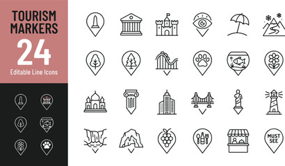 Fototapeta premium Tourism markers and travel map location pin icons set. Landmark, sightseeing, nature, leisure, city attractions, and vacation destination minimal vector line signs. Outline editable stroke graphic.