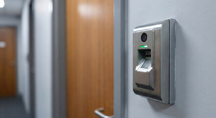 Naklejka premium Spy camera hidden in fingerprint scanner on wall