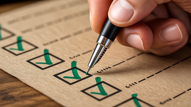 Checklist form with completed tasks and pen close up