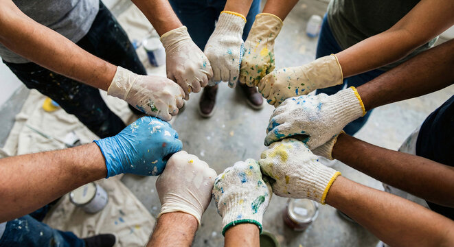 Painters putting hands together in circle on floor
