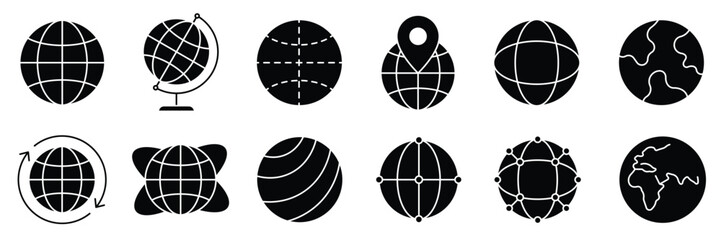 Globe solid icons set containing earth planet, map pin, network grid, world location and geographic symbols vector illustration. © Shekhar438