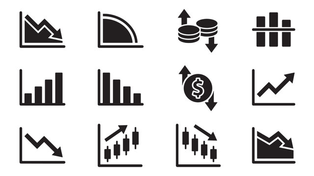 Financial Market Trend and Stock Analysis Icon Set with Charts Graphs and Currency Symbols for Business Vector Illustration