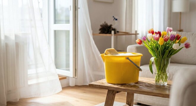 Bucket with sponge on table in living room
