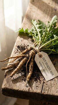 Freshly harvested organic dandelion roots with dirt and green leaves on rustic wood, gut health herbal medicine concept