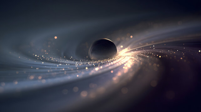 Abstract illustration of a dark cosmic sphere surrounded by glowing golden particle rings in deep space.