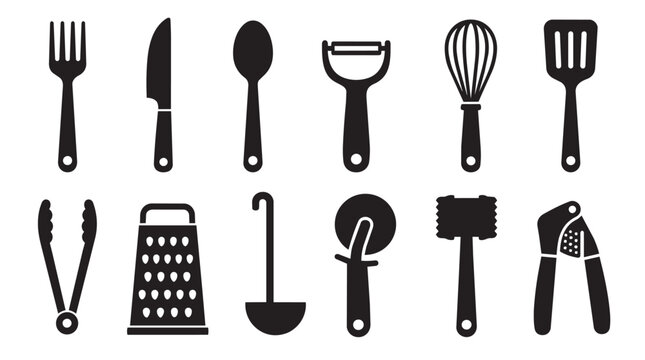 Kitchen Utensils Silhouette Set Isolated On White Background