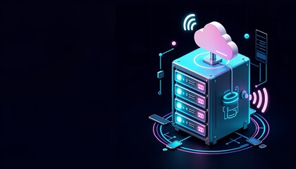 Naklejka premium Cyberpunk Inspired Data Center with Cloud Storage and Technology Elements