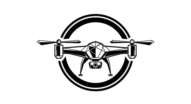 Modern geometric drone quadcopter vector illustration in circular emblem, aerial photo video technology concept
