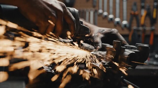 Sparks Flying Grinding Metal In Workshop Setting