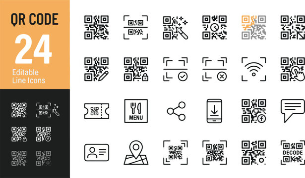 QR code line icon set. Scanner, mobile payment, digital menu, wifi access, secure identification, location, ticket minimal vector illustration. Simple outline signs for app interface. Editable Stroke