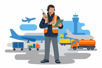 Naklejka premium Airport Ground Crew Staff Managing Flight Operations and Logistics