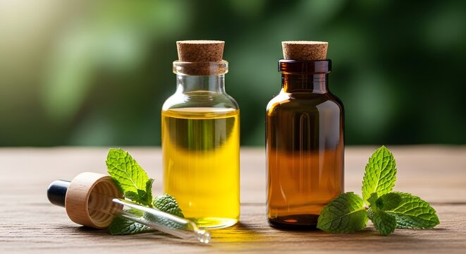 Essential oils in glass bottles with fresh mint leaves on a rustic wooden surface natural aromatherapy
