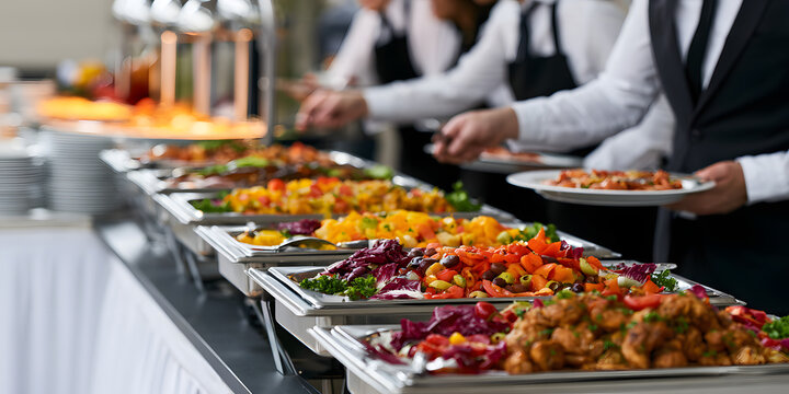 Our food service manager and culinary staff will prepare a buffet line for professional office workers at our business lunch event, which will be handled by corporate catering services and the company