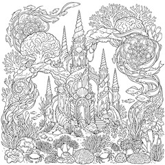 Obraz premium Fantastical underwater castle with coral, shells, and marine life in black and white line