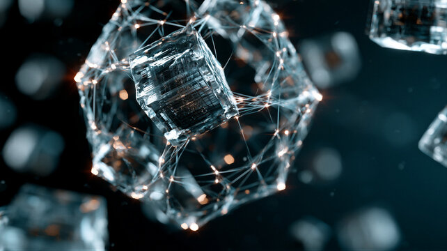 Abstract 3D blockchain visualization with glowing holographic cube nodes and cyan-amber fiber optics in a dark void, cinematic lighting, right negative space for fintech hero banners and tech...