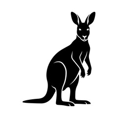 Black silhouette of a kangaroo standing upright on white background, keywords: kangaroo © md shuvo1122