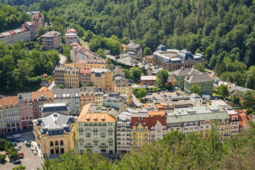 Naklejka premium KARLOVY VARY, CZECH REPUBLIC - JUNE 24, 2019: Romantic architecture of Bohemia, Karlovy Vary, Czech Republic. the famous spa city in the Czech Republic