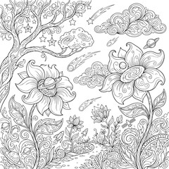 Cosmic garden with celestial flowers, planets, and spaceships © md shuvo1122