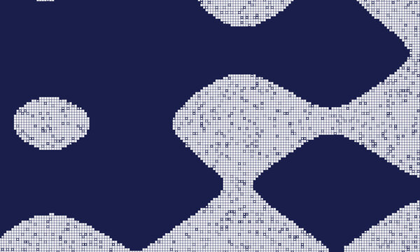 Dark blue and white pixelated camouflage pattern with irregular shapes digital camo texture