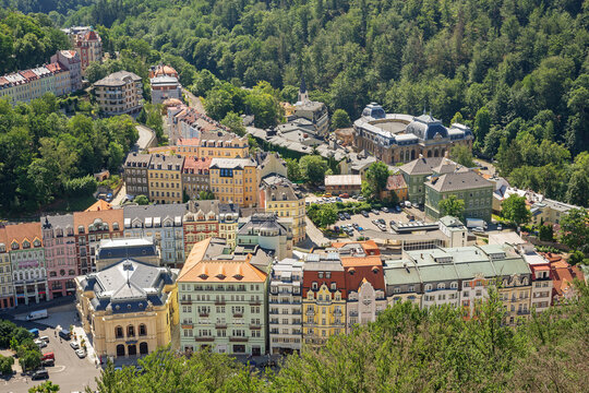 KARLOVY VARY, CZECH REPUBLIC - JUNE 24, 2019: Romantic architecture of Bohemia, Karlovy Vary, Czech Republic. the famous spa city in the Czech Republic