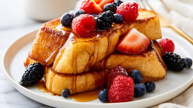 Coarse slices of french toast, garnished with ripe berries and generously drizzled with maple syrup.